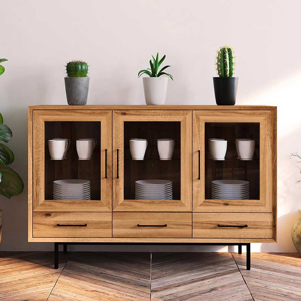 Vitrinen Sideboard Yalley mit 3 Glastüren und Schubladen