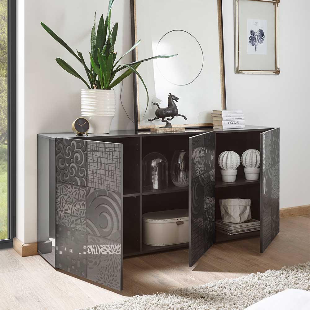 Wohnzimmer Sideboard Hancieda in Anthrazit Hochglanz mit Siebdruck verziert