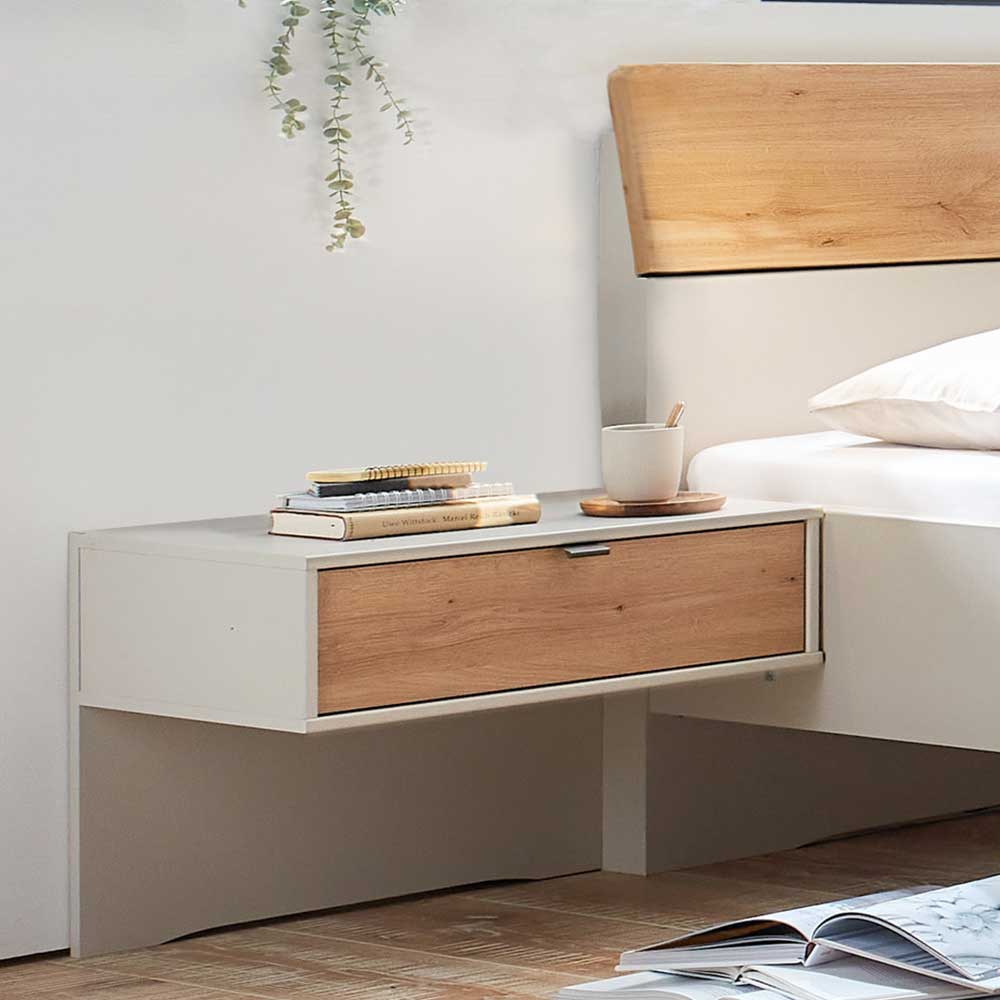 Doppel Bett Miltom in Eiche Bianco und Beige Made in Germany