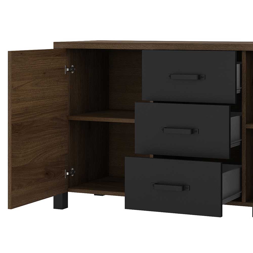 Industriestil Sideboard Racadia in Walnussfarben und Schwarz