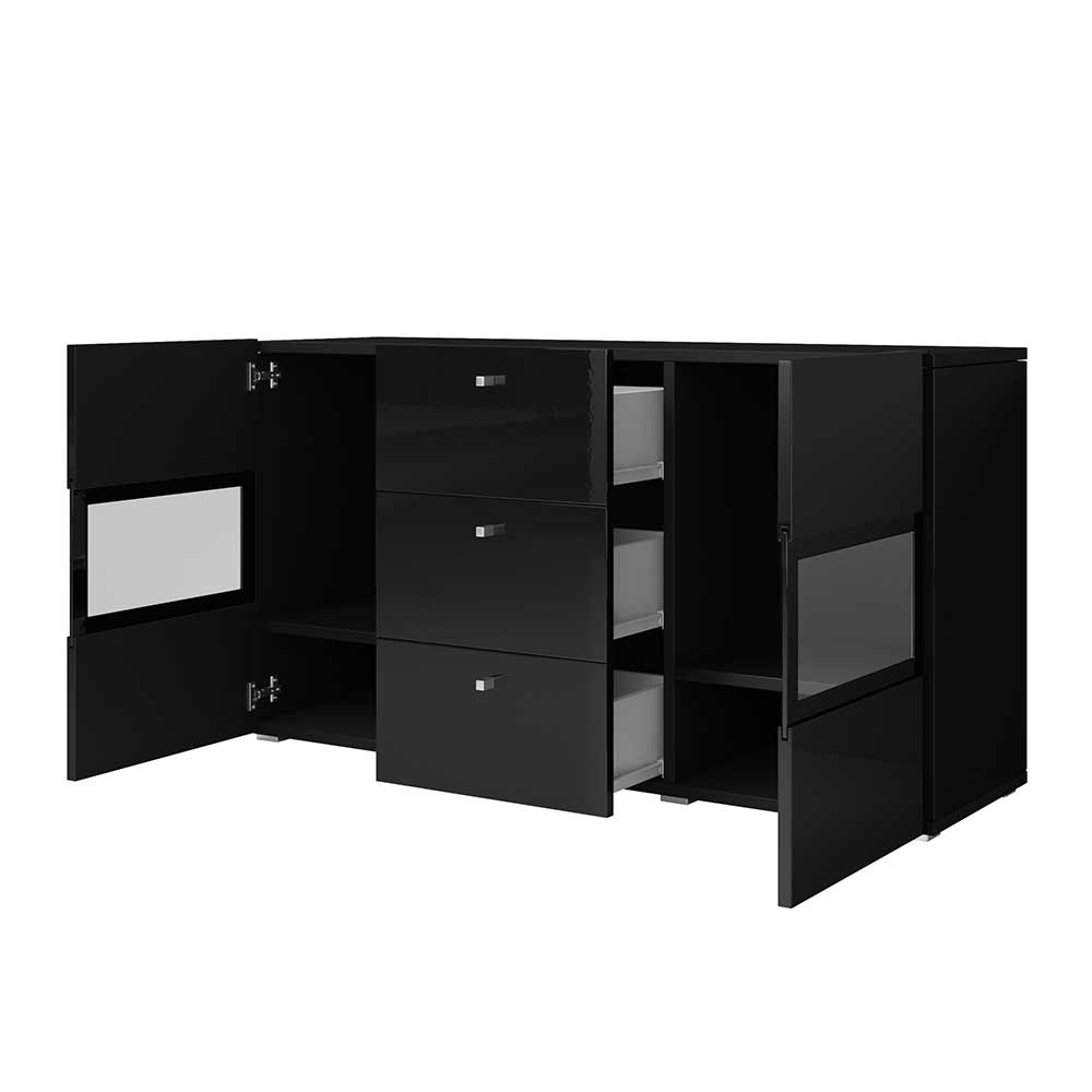 Schwarzes Sideboard Lucky mit Glastüren - Hochglanz Front