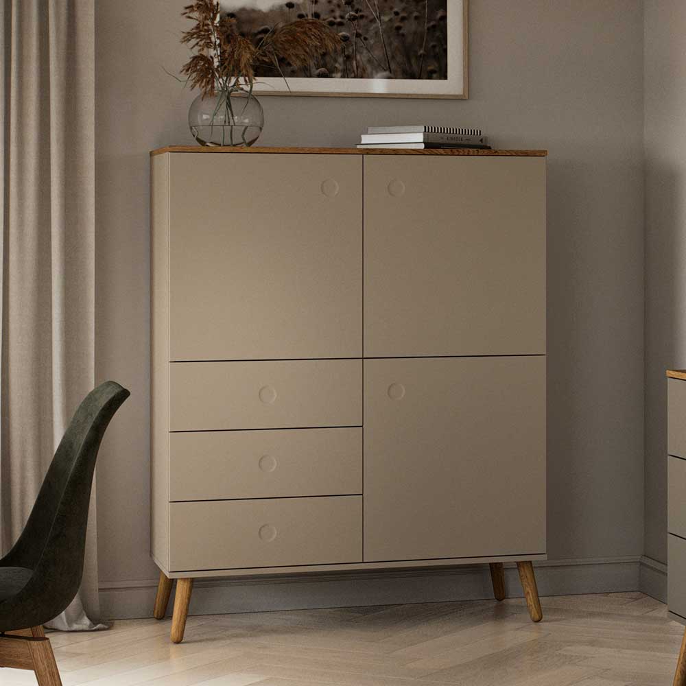 Highboard Durioscos in Taupe und Eiche mit Push to open Funktion