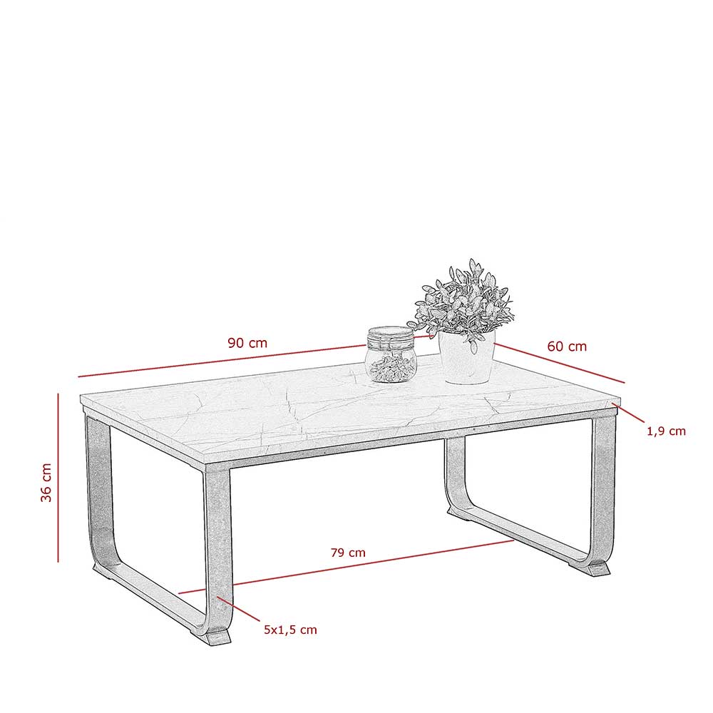 Wohnzimmertisch Asendra in Weiß Grau Marmor Optik mit Bügelgestell