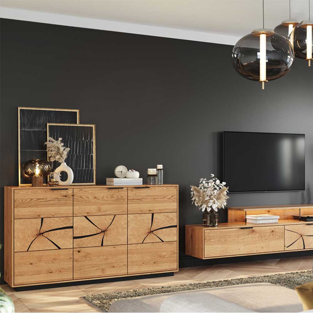 Sideboard Tenna mit Hirnholz Applikation aus Eiche Massivholz