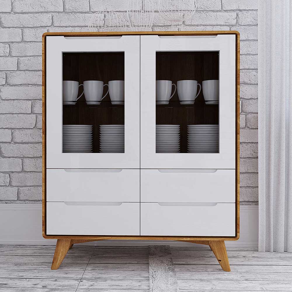 Highboard Vitrine Triancova in Weiß und Wildeiche 90 cm breit