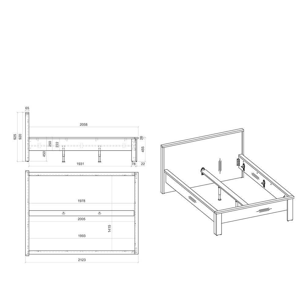 140x200 cm Bett Studiana in Altholz Optik verwittert und Anthrazit (dreiteilig)