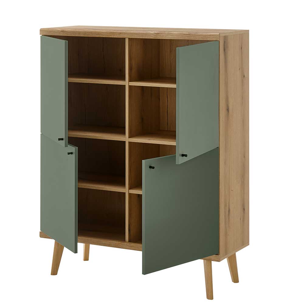 Wohnzimmer Highboard Lora in Graugrün und Wildeichefarben