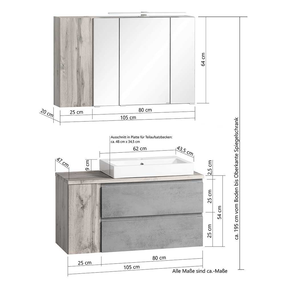 Badmöbelkomplettset Fregato in Wildeichefarben und Dunkelgrau (dreiteilig)