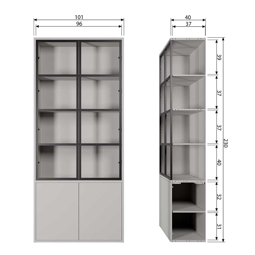 Wohnzimmer Vitrinenschrank Edmonda in modernem Design 230 cm hoch