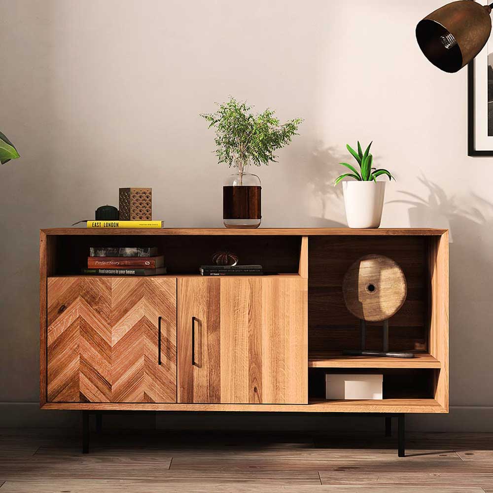 Sideboard mit offenen Fächern Yalley aus Wildeiche Massivholz 80 cm hoch