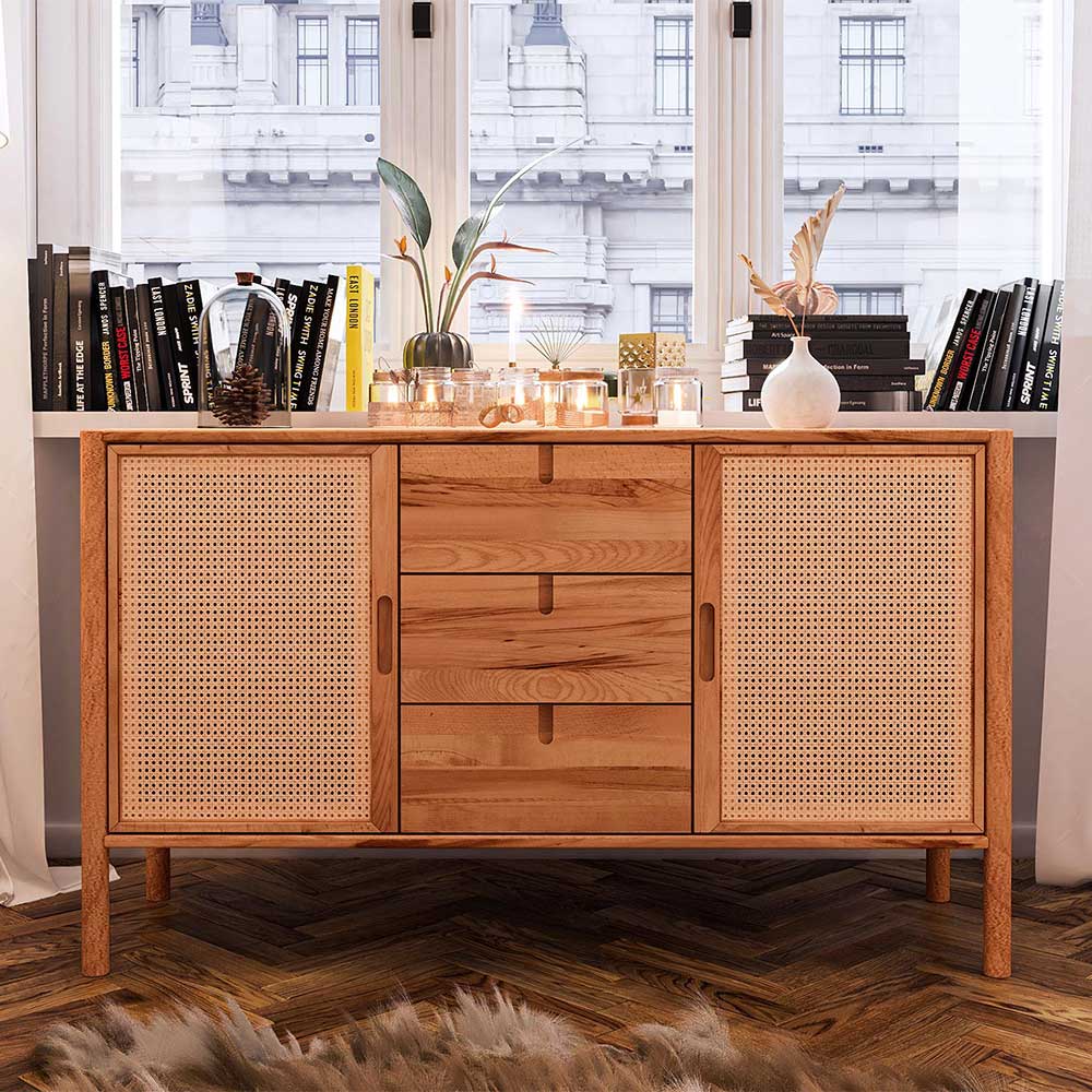 Sideboard mit Rattan Türen Artjes aus Wildbuche Massivholz 142 cm breit