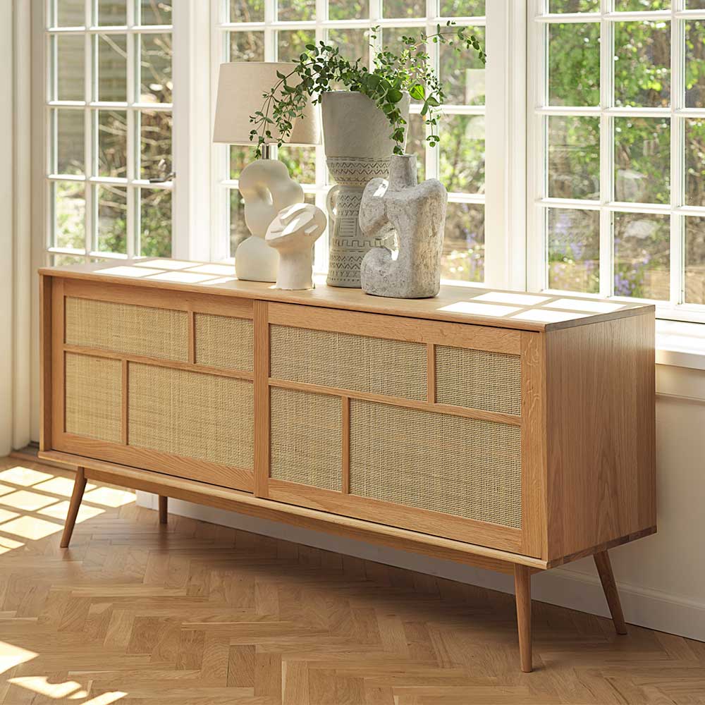 Sideboard Eiche teilmassiv Arenella mit Schiebetüren aus Rattan