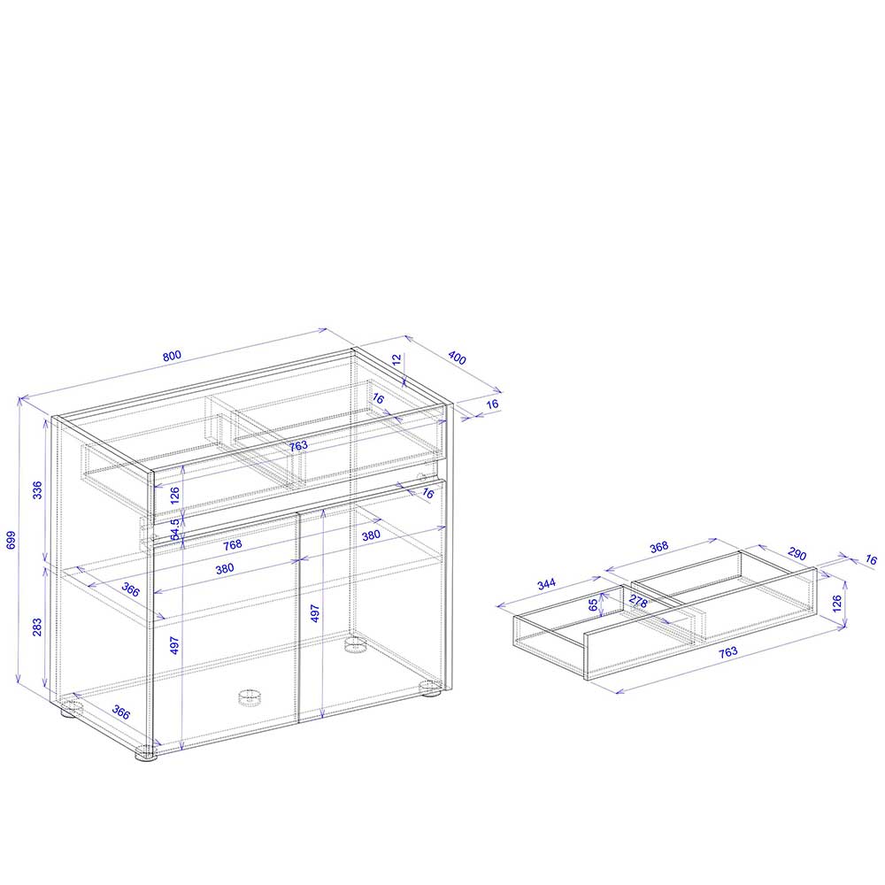 Moderne Kommode Rascian in Weiß und Wildeichefarben 80 cm breit