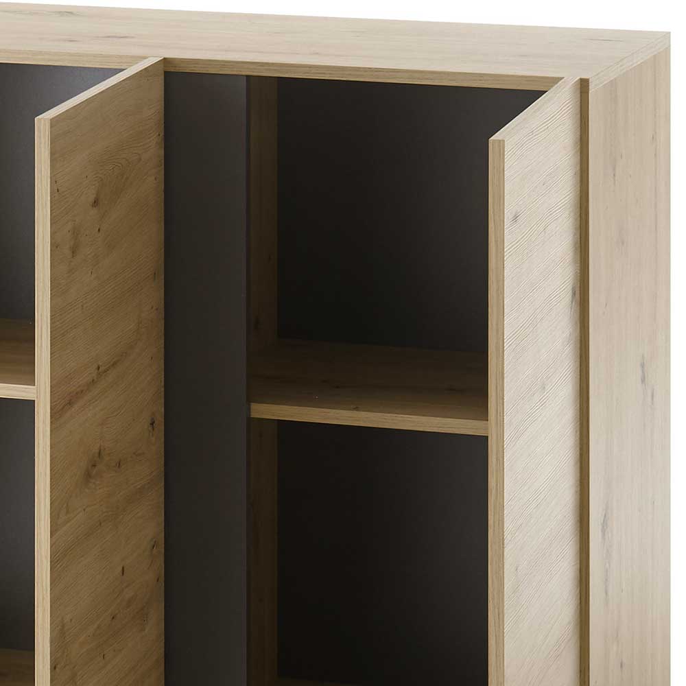 Hohes Sideboard Matrezina in Dunkelgrau und Wildeichefarben Soft Close Türen