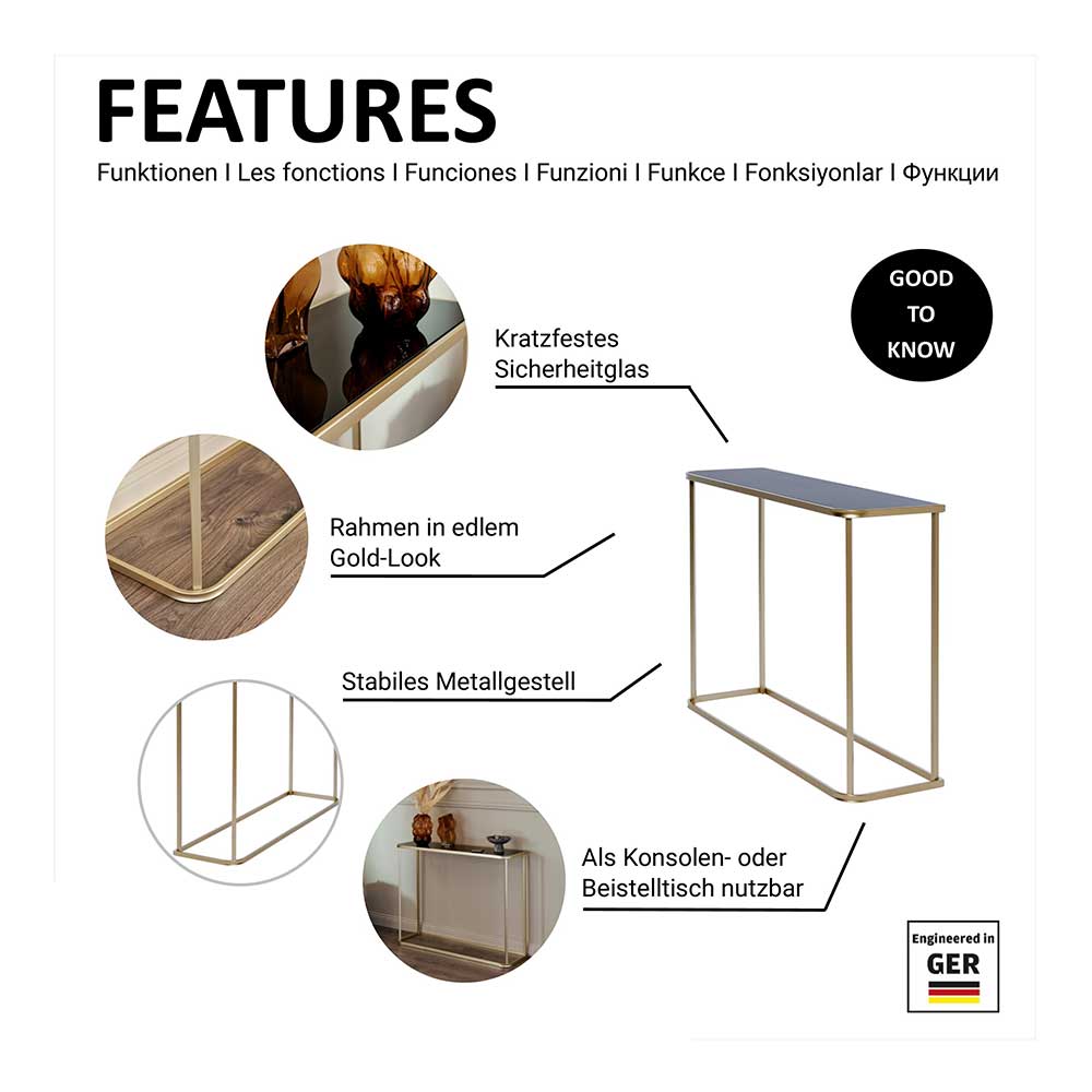 Konsolentisch Guaran aus Metall und Glas in Goldfarben