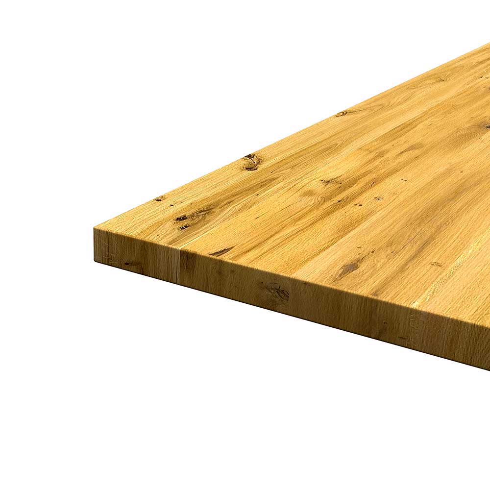 Holztisch massiv Eiche Acillona mit Metall X Gestell in Schwarz