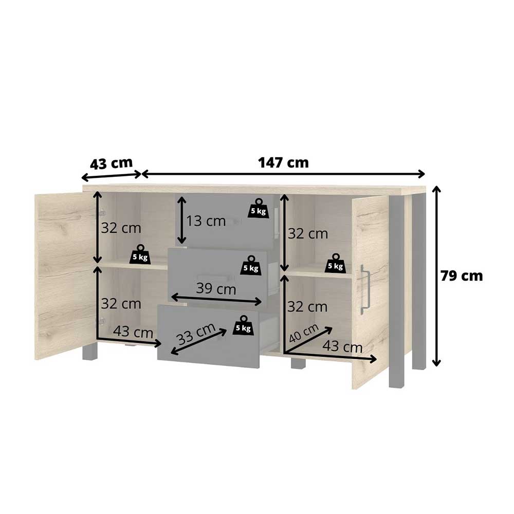 Sideboard Conru im Industry und Loft Stil 147 cm breit