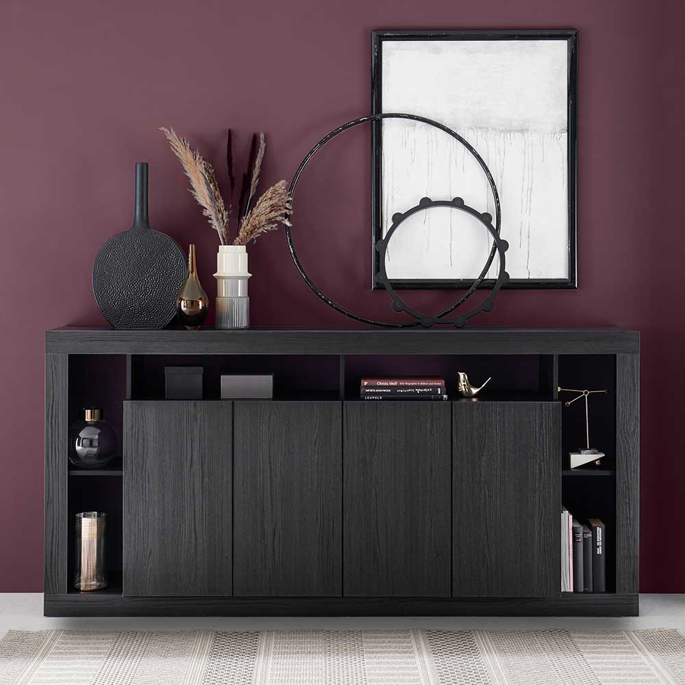 Schwarzes Sideboard Rajaco mit offenen Fächern 210 cm breit