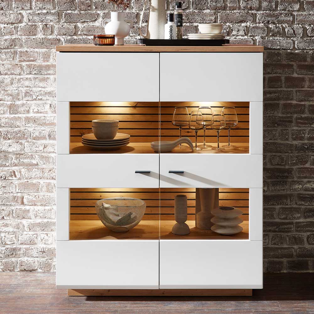 Wohnzimmer Highboard Luzie in Weiß und Wildeichefarben