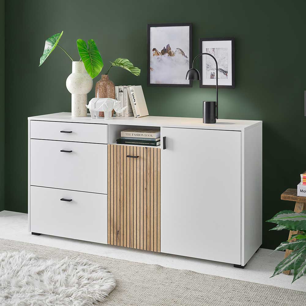 Sideboard Saladd in Weiß und Wildeichefarben 150 cm breit