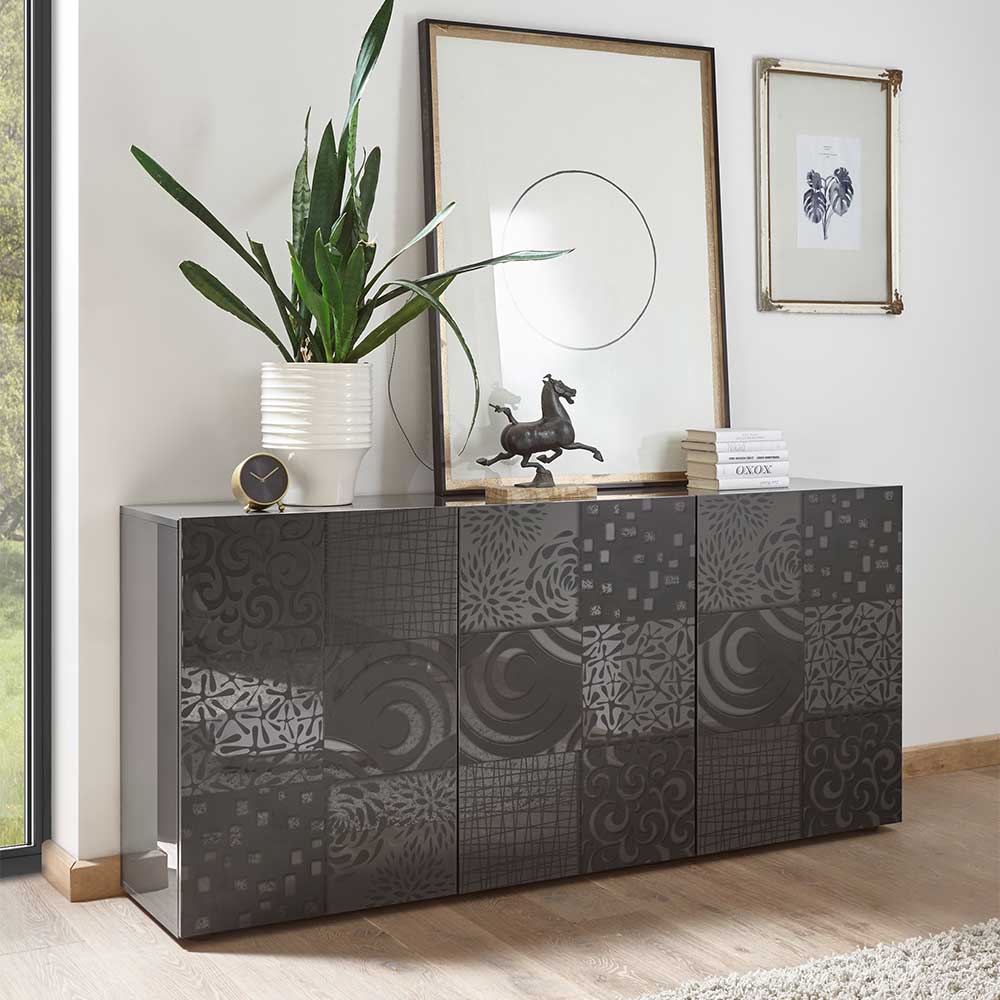 Wohnzimmer Sideboard Hancieda in Anthrazit Hochglanz mit Siebdruck verziert