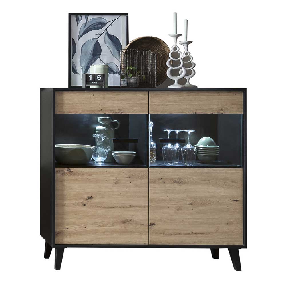 Highboard Vitrine Liazuria mit Glastüren in Schwarz & Wildeichefarben