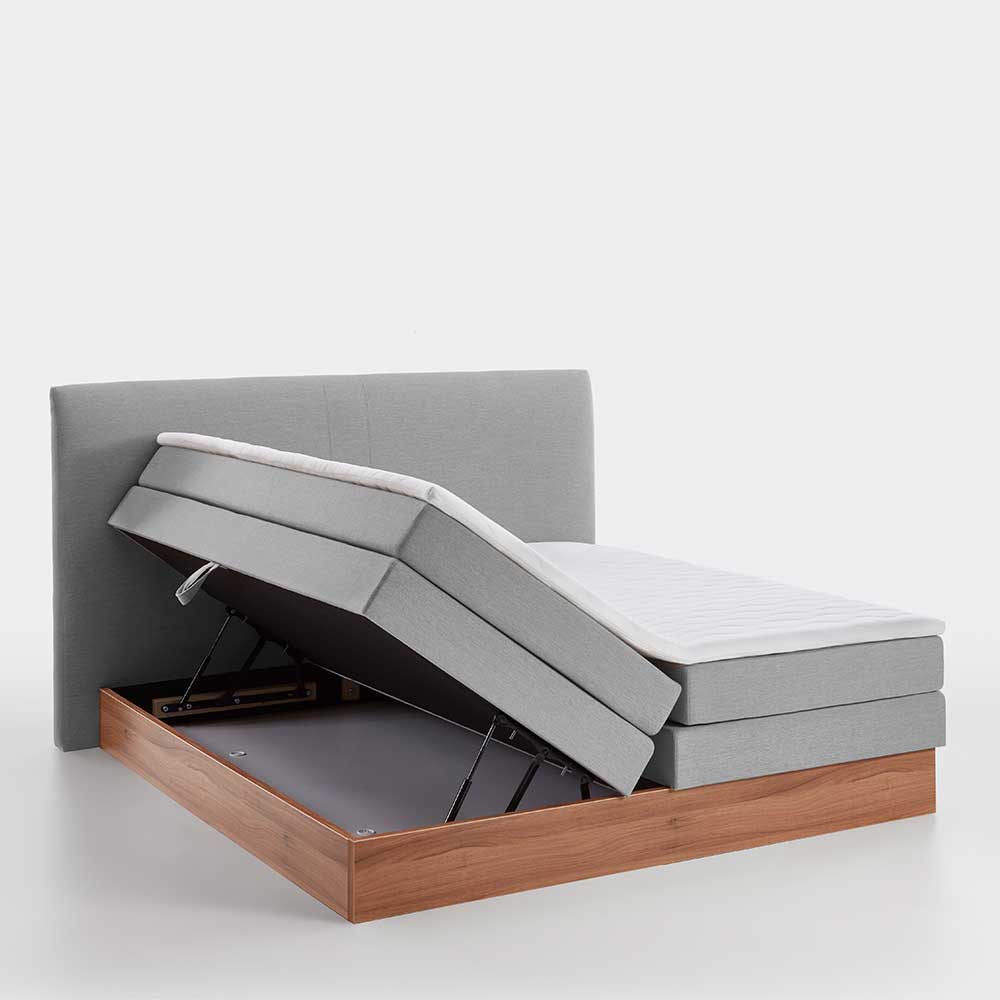 Stauraum Boxspring Bett Kara in Grau und Walnussfarben