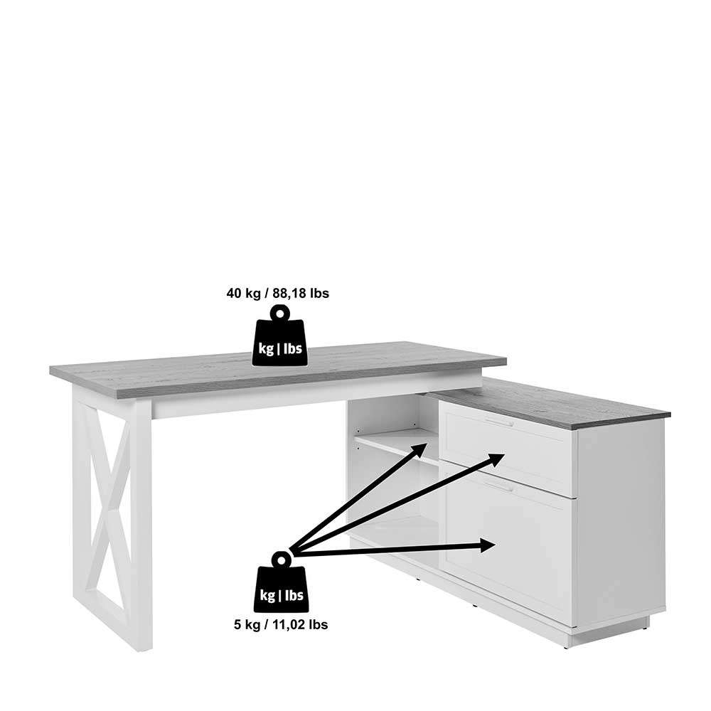 Eckschreibtisch Stephanie mit zwei Schubladen im Landhausstil