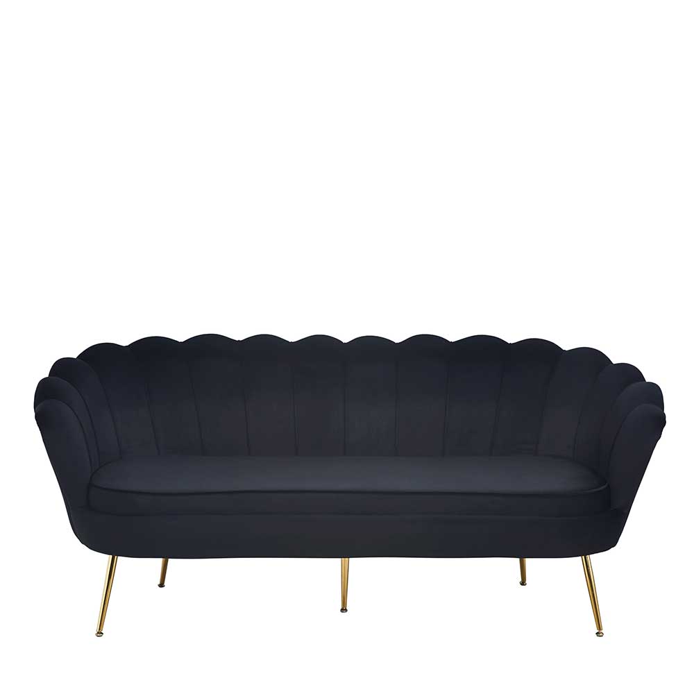 Muschel Sofa Classicana in Schwarz und Goldfarben mit Vierfußgestell aus Metall