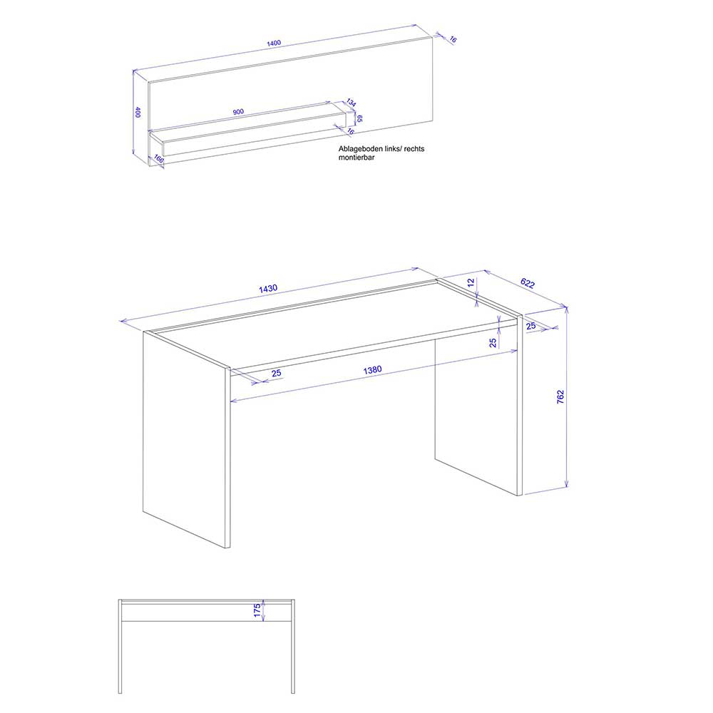 Schreibtisch mit Wandboard Uzniana in Anthrazit 143 cm breit (zweiteilig)