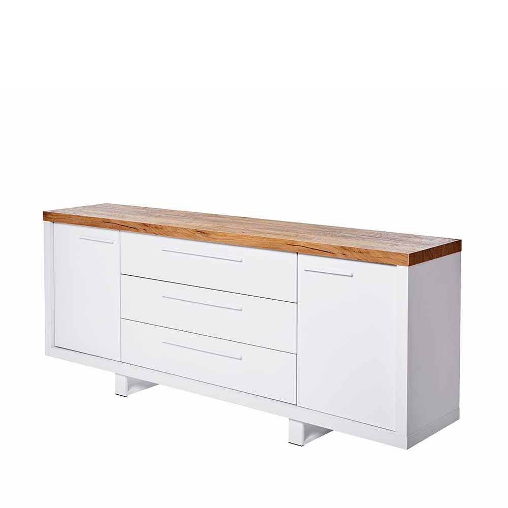 TV Sideboard Oliva in Weiß und Kerneiche mit Schubladen