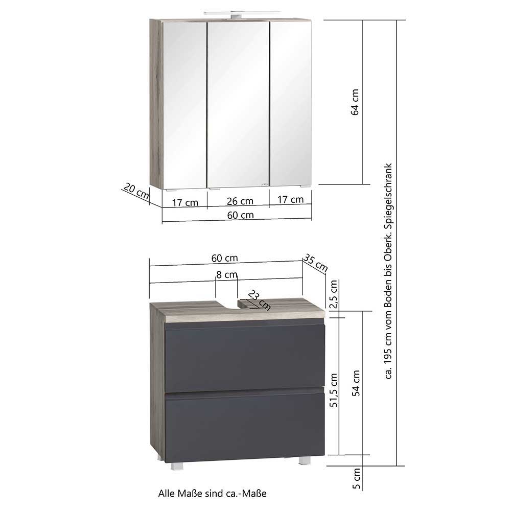 3-teiliges Badezimmer Set Fregato in Dunkelgrau und Wildeichefarben (dreiteilig)