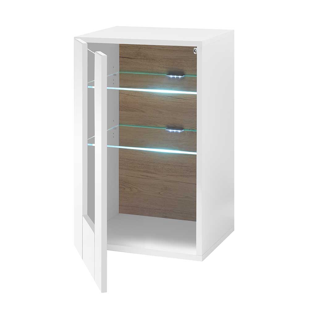 Schrank Vitrine Aulianda in Hochglanz Weiß und Wildeiche Optik 45 cm breit