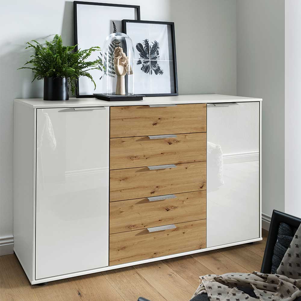 Wohnzimmer Sideboard Vilma in Eiche Bianco & Weiß Türen glasbeschichtet