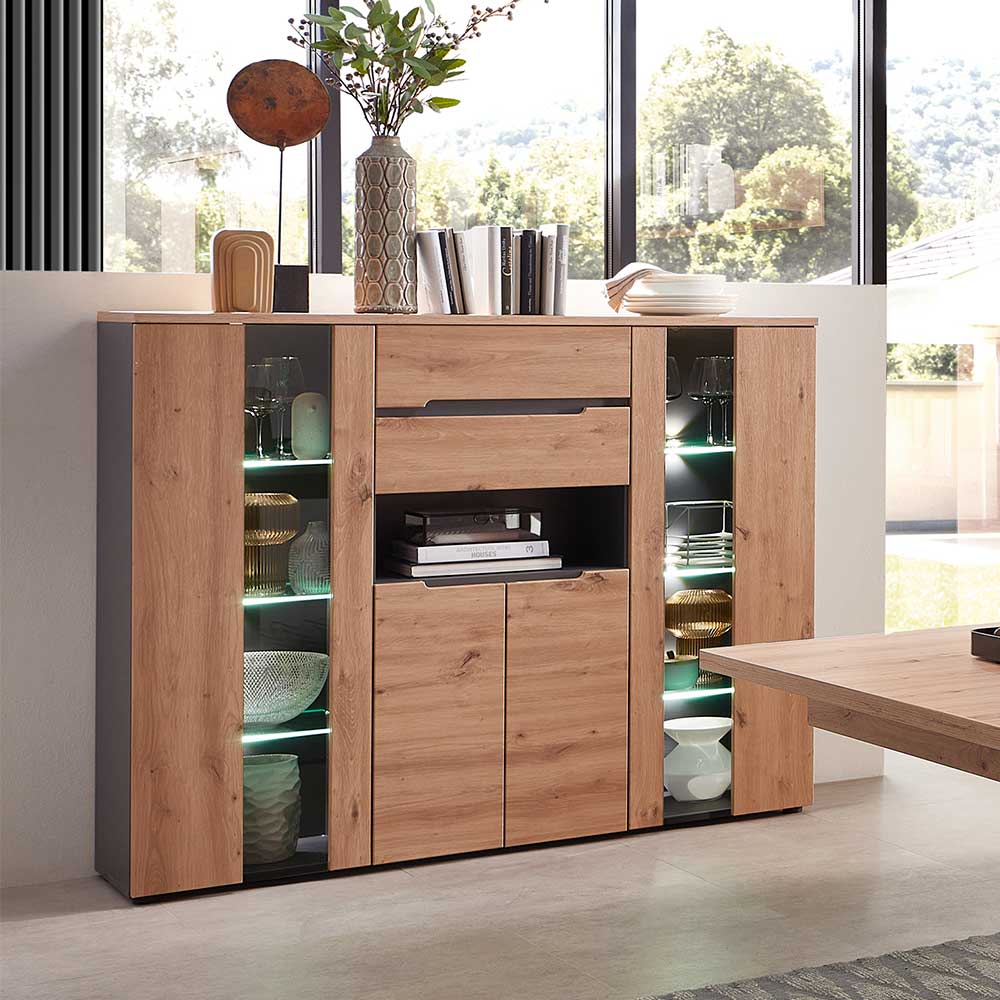 Esszimmer Highboard modern Esdravos in Wildeichefarben und Dunkelgrau