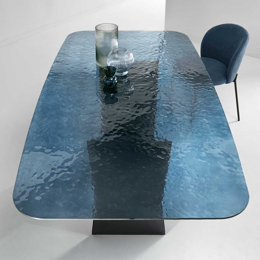 210x110 cm Designeresstisch Ortenza mit Strukturglas Platte in Blau