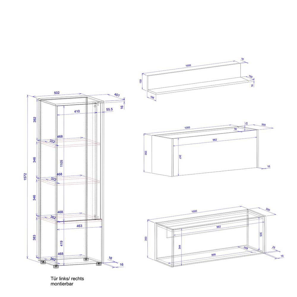 Design Wohnwand mit Schreibtisch Uzniana in Anthrazit 158 cm hoch (fünfteilig)