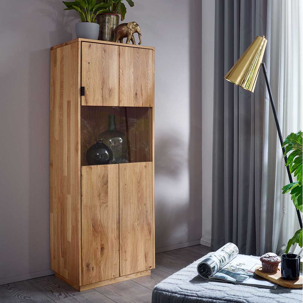 Wohnzimmer Vitrine Coozia aus Wildeiche Massivholz mit Glastür