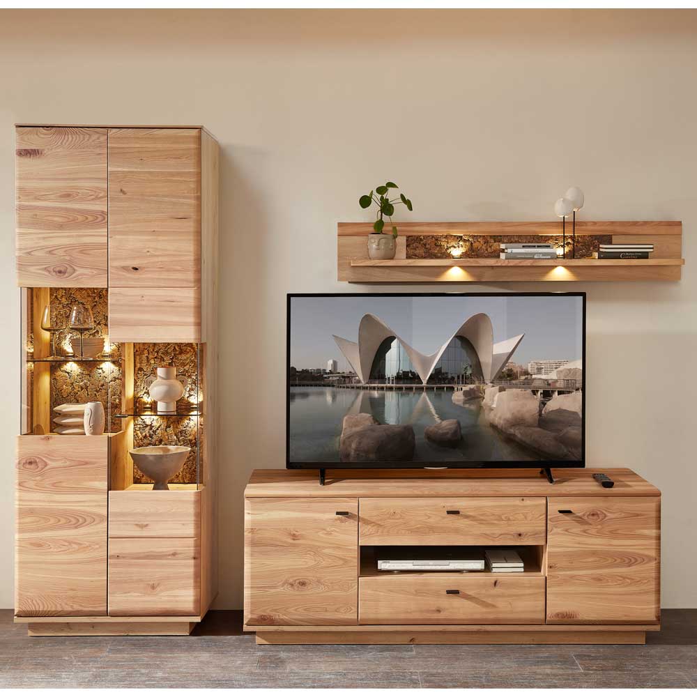 TV Wohnwand teilmassiv Rhoen in modernem Design 204 cm hoch (dreiteilig)