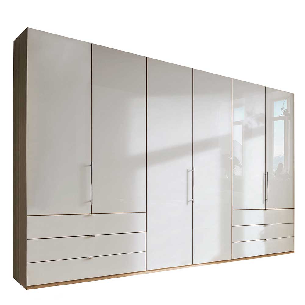 Großer Kleiderschrank Cnutria in Beige und Eiche Bianco glasbeschichtet