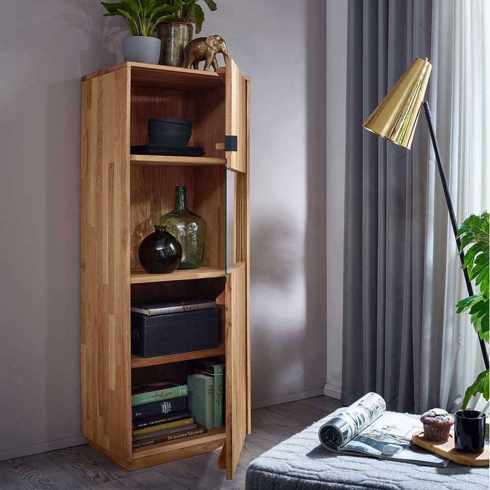 Wohnzimmer Vitrine Coozia aus Wildeiche Massivholz mit Glastür