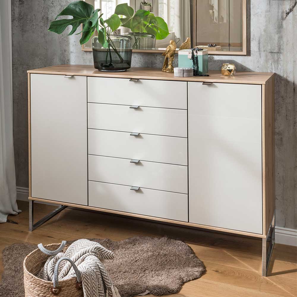 Sideboard Privira in Eiche Bianco und Beige mit Glas beschichtet