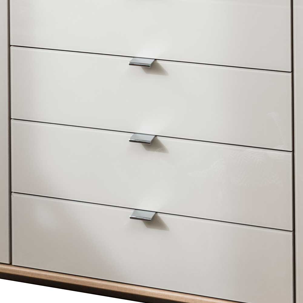 Sideboard Privira in Eiche Bianco und Beige mit Glas beschichtet