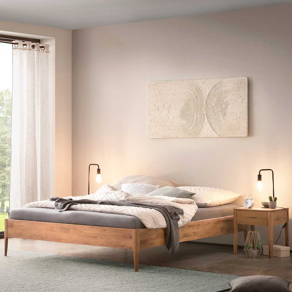 Wildeiche Massivholz Bett 140x200 Duo - ohne Kopfteil 38 cm hoch