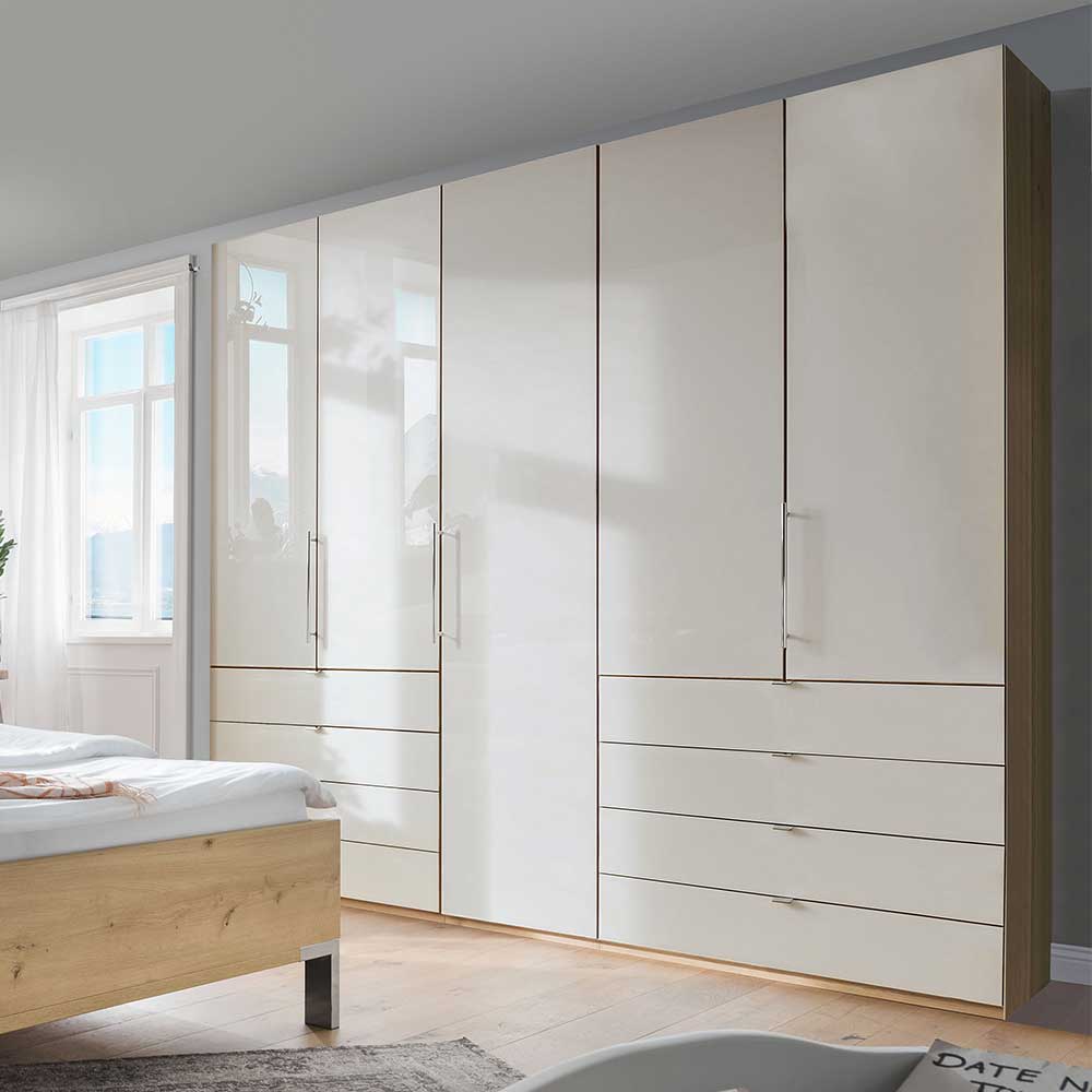 Falttüren Schlafzimmerschrank Cnutria in Beige und Eiche Bianco Made in Germany