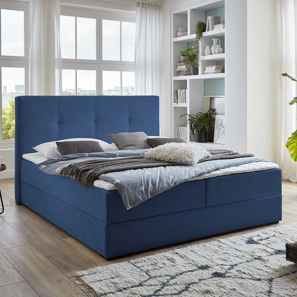 Blaues Boxspringbett Saragoza mit Stoffbezug großes Kopfteil