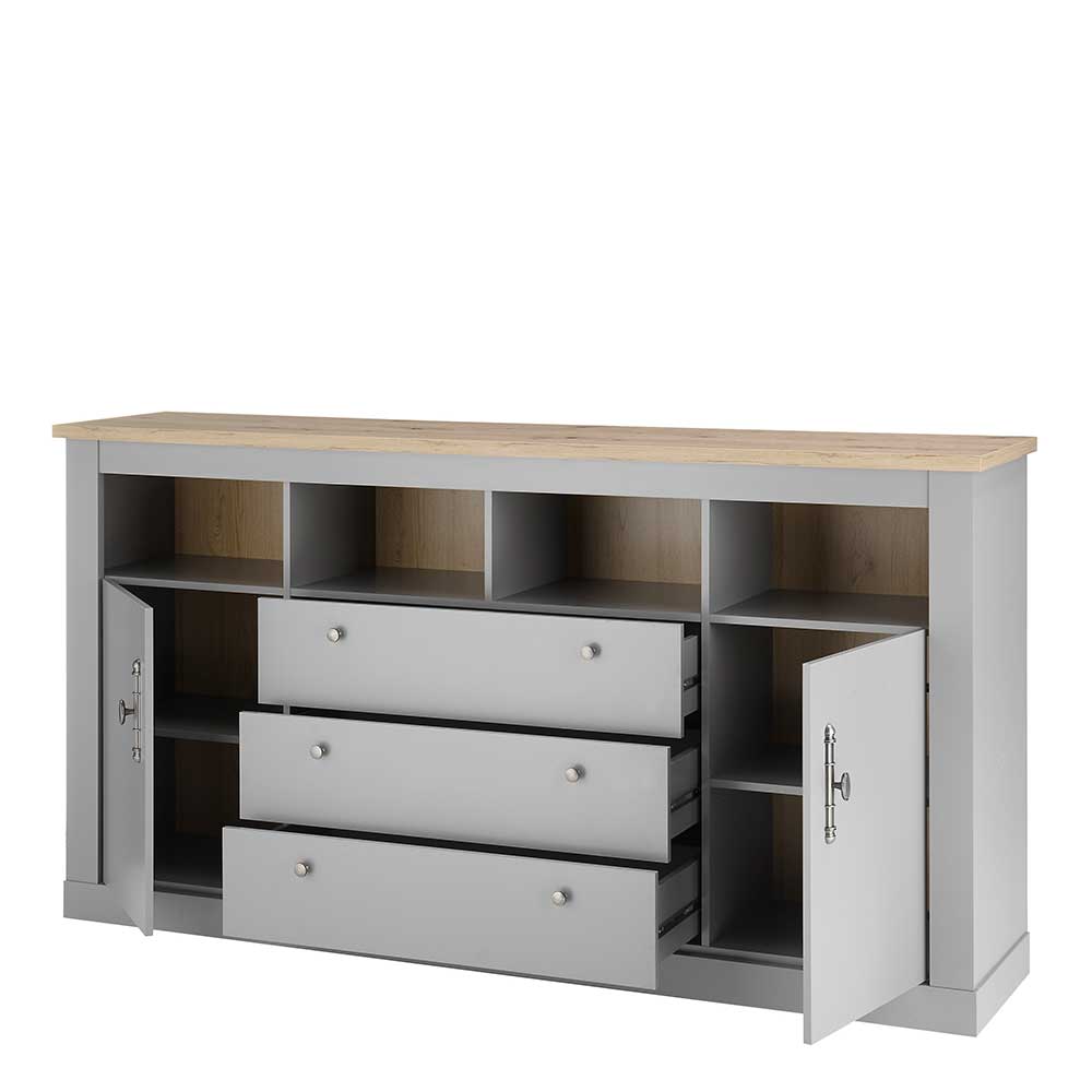 Landhaus Sideboard Cellossa in Lichtgrau und Eichefarben