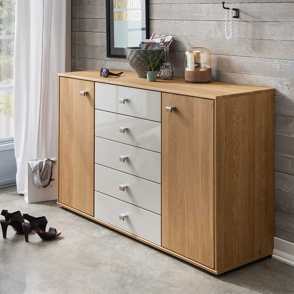 Sideboard Veyfas in Beige Glas beschichtet und Eiche teilmassiv