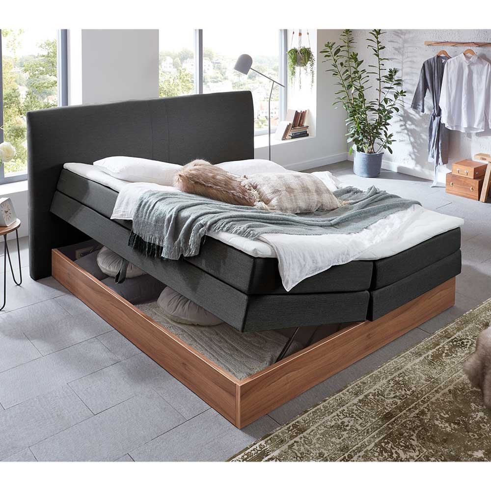 Boxspring Bett Bostan mit Bettkasten in Anthrazit & Walnussfarben