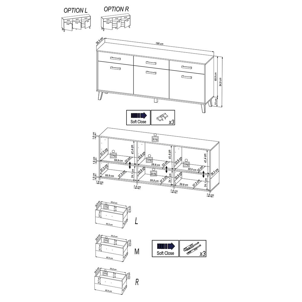 Großes Sideboard Liazuria 3 Türen 3 Schubladen in modernem Design